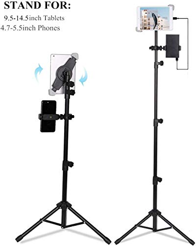 BNTTEAM Support de trépied universel portable pour tablette de 9,5 à 14,5 cm avec support de téléphone de 4,7" à 5,5" en hauteur réglable à 360 ° Affichage de musique de réunion vidéo + sac