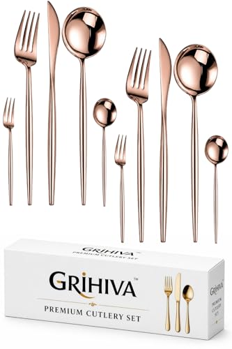 Image of 10 Pcs Rosegold Cutlery Set for Dining Table the Perfect Lightweight Silim Handle Tableware Including Dinner Spoon, Dinner Fork, Dinner Knife, Dessert Spoon & Dessert Fork