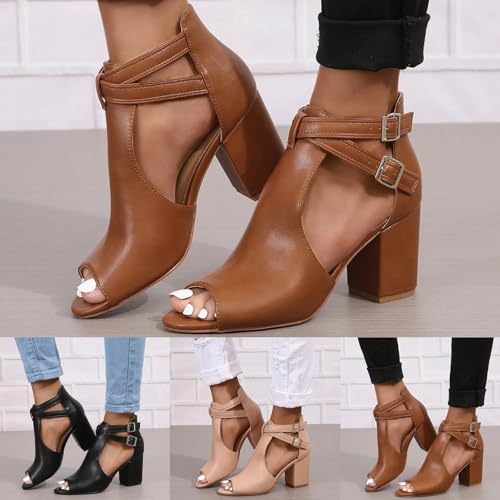 TOSOFT Women Leather Sandals Summer Nude Open Toe Chunky Heel Ankle Booties Big Footed Ladies Heeled Casual Shoes US5-114