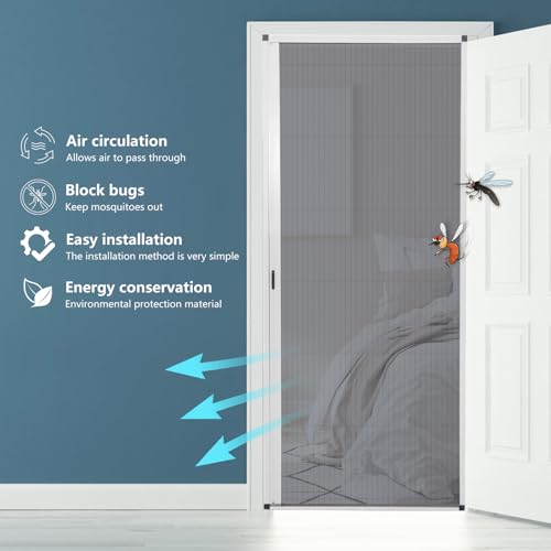 No-Drilling Retractable Screen Door, Folding Sliding Screen Doors with Aluminum Frame for Patio French Front Door Bedroom kitchen, Custom Screen for Single/Double Door, Customize Size, White