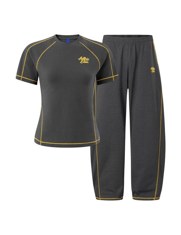 Aelfric Eden Dres do joggingu, damski, dwuczęściowy dres treningowy Y2K, vintage, na lato, strój rekreacyjny, basic, z krótkim rękawem, spodnie do biegania, zestaw wypoczynkowy, Homewear Streatwear