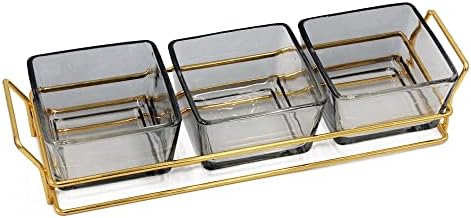 ZHSMYUP 3 Square Glass Serving Dish with Gold Metal Rack, Chip and Dip Set, Food Trays for Party, Stand Sets for Nuts, Fruits, Snacks, Candy