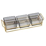 ZHSMYUP 3 Square Glass Serving Dish with Gold Metal Rack, Chip and Dip Set, Food Trays for Party, St