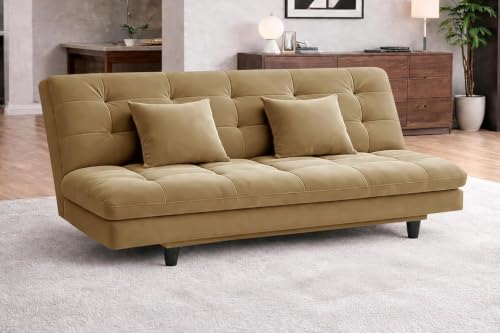Image of Rosebell Modern Wooden 3-Seater Sofa Cum Bed Foldable Velevt Fabric Sofa for Living Room, Guest Room & Office-Golden-Color