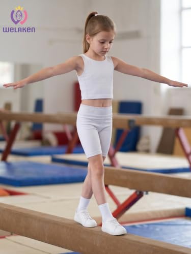 Image of WELAKEN Girls 2 Piece Athletic Outfit Kids Yoga Crop Tank Top and Biker Shorts Set