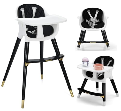 Image of INFANS Baby High Chair, 3 in 1 Convertible Wooden Highchair for Babies & Toddlers, Modern Infant Feeding Chair with 5-Point Safety Harness, Footrest, Adjustable Legs, Removable Tray PU Cushion