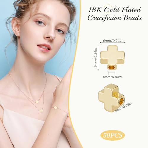 NICENEEDED 50 Pcs Cross Spacer Beads, 18K Gold Plated Crucifix Beads - Image 2