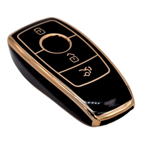 Image of KMH TPU Gold Car Smart Key Cover Compatible for Mercedes Benz E Series and S Series 3 Push Button Smart Key Shell Case Holder, Key Protector (Black with Gold) Pack of 2