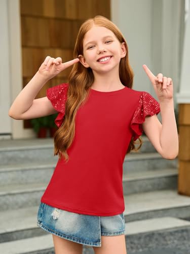 Image of Haloumoning Girls Ruffle Short Sleeve T Shirts Sequin Casual Cute Crewneck Tops