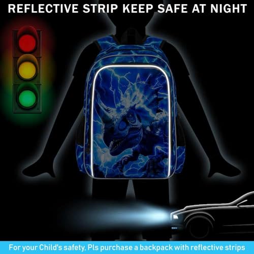 Image of 3Pcs Dinosaur Backpack for Boys, 17 inch Kids Lightning Bookbag for Elementary Preschool Kindergarten, Triceratops School Backpacks with Lunch Box (Blue)