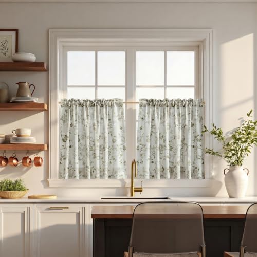 Image of TWOPAGES Rod Pocket Floral Print Cafe Curtains, Cotton White, 52W x 45L