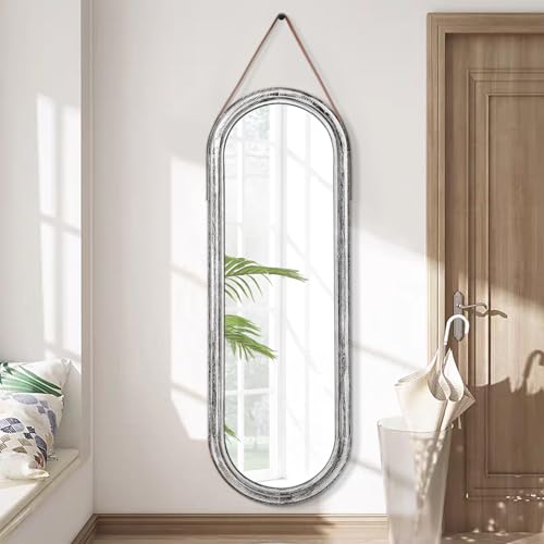 AAZZKANG Spegel hellång rustik hängande spegel med läderrem träram oval stor spegel 110 x 35 cm för sovrum vardagsrum entré dekorativ