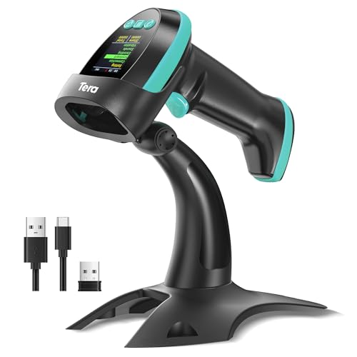Image of Tera Barcode Scanner Wireless 2D with Stand: Pro Version Digital Setting Screen Keypad Works with Bluetooth 2.4G Wireless USB Wired Extra Fast Scanning Speed Handheld Bar Code Reader HW0009-Z Blue