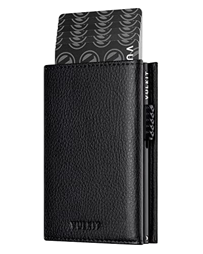 Image of VULKIT Card Holder Wallet with Coin Pocket Magnetic Closure Pop Up Cards With ID Window Leather Wallet for Cash & Credit Cards, Grain Black, One Size, Contemporary