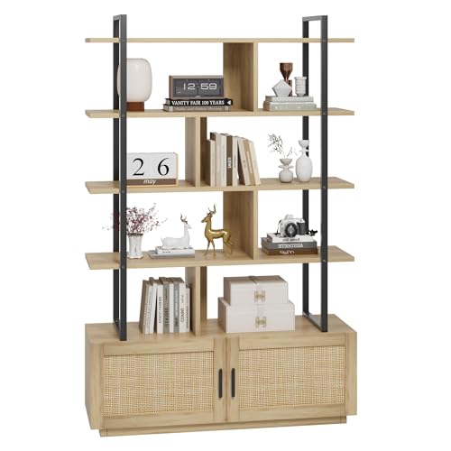 CABIHOME 5 Tier Rattan Bookshelf with Storage Cabinet & Door, 71.1 Inch Tall Industrial Book Shelf with Open Display Shelves, 5 Shelf Bookcase with Metal Frame for Living Room, Bedroom (Burlywood)