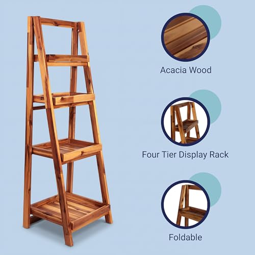 happimess Everett Ladder Shelf 4-Tier Folding Acacia Wood 48", Natural by happimess - Used condition - Image 7