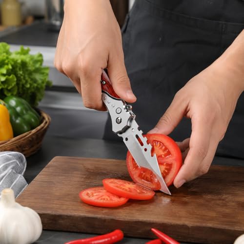 Image of Kitchen Utility Folding Knife with Stainless Steel Blade and Wooden Handle - Portable Fruit and Vegetable Cutter with Multi Purpose Pocket Design for Outdoor, Camping and Kitchen Use