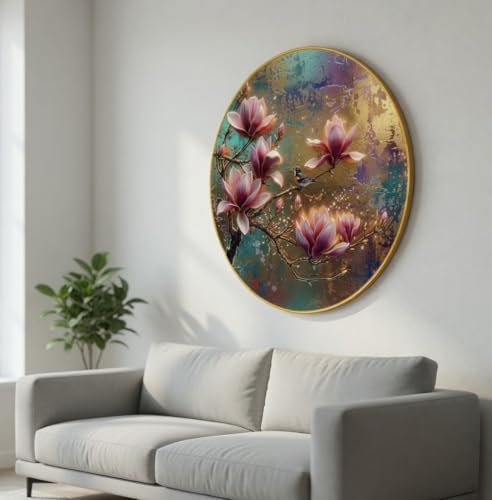 Image of SAF Magnolia Flower Wall Painting with Golden PVC Frame Round Bird Floral Art Modern Luxury Wall Decor for Living Room Bedroom Office Home Decorative Elegant Gift Item (16 x 16 Inch) GRM-360