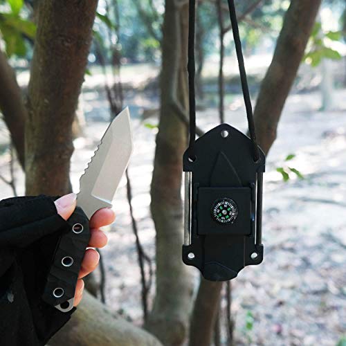 Carimee Neck Knife Fixed Blade EDC Tool Outdoor Survival Thick Tanto Point Blade with Paracord Necklace & Sheath with Compass, Signal Mirror, Fire Starter and Knife Sharpener Full-tang - Thumbnail 6