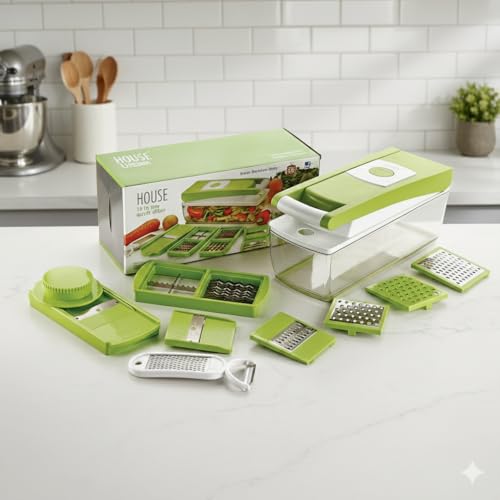 Image of 15 in 1 Vegetable Chopper | Manual Food Chopper for Kitchen | Onion, Garlic Cutter /Slicer /Grater /Dicer with Container | Steel Blades | Green