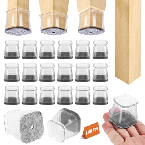 Azyvum 30 Piezas Protectores de Suelo de Silicona Transparente para Patas de Silla, Tacos Sillas Patas Cuadradas, Tapas de Silicona para Patas de Silla con Fieltro