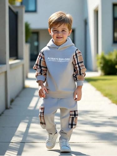 Image of OLMRJKD Toddler Baby Boy Clothes Plaid Long Sleeve Hoodie Sweatshirt + Pants 2pcs Boys Outfit Set