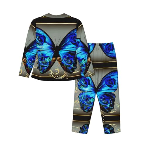 Pyjama imprimé papillon bleu EdWal ensemble manches longues femme