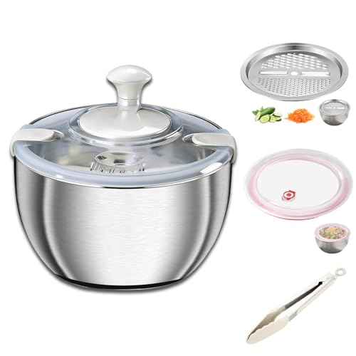 Large Salad Spinner with Storage Lid，5.29QT Stainless Steel Spin Dry Salad Greens Fruit Washing Bowl with Strainer Vegetable Cleaner washer Lettuce Spinner with slicer and julienne cutter