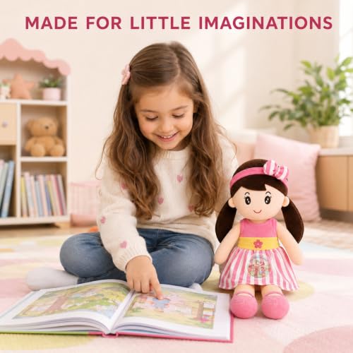 Image of Cute Doll 45 cm for Kids, Soft Plush Doll with Stylish Dress, Huggable Stuffed Toy for Girls and Boys, Birthday Gift, Room Decor, Pretend Play and Storytelling Companion, Pink Soft Toy