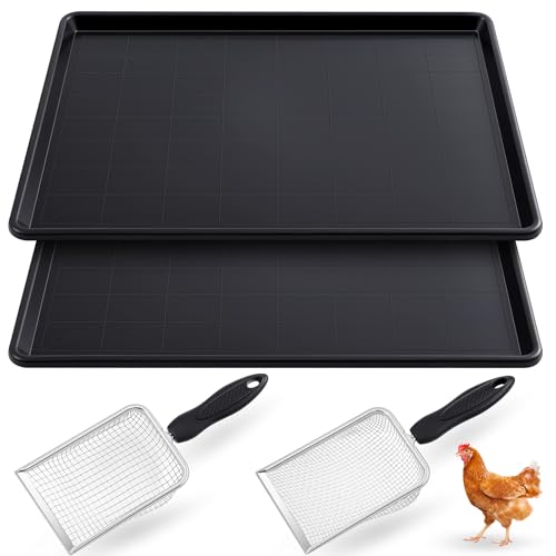 Mifoci 2 Pcs 35 x 23.6 Inch Chicken Poop Tray with 2 Pcs 3.8mm + 5mm Mesh Poop Scoopers, Large Crate Pan and Stainless Steel Coop Rake Shovel for Chicken Coop Accessories