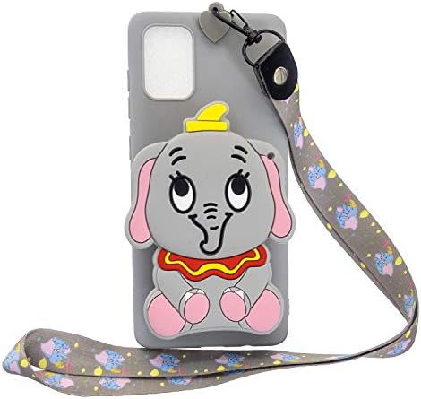 Gostyle Wallet Case Compatible with Samsung Galaxy A71,Cute 3D Cartoon Animal Soft Silicone Back Cover with Zipper Pocket and Neck Lanyard Strap Protective Cover,Grey Elephant