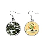 Clasificación: Pendientes. Diseño de camuflaje con ilustración de grafito para la oreja, colgante de hoja otoñal