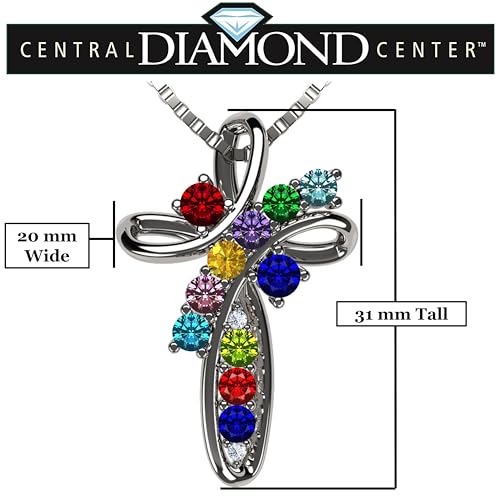 Central Diamond Center Family Cross Birthstone Mothers Necklace w/ 1 to 11 Simulated Birthstones in Solid 925 Sterling Silver2