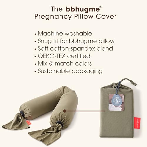 Image of bbhugme Pregnancy Pillow Cover, Dusty Olive - Replacement Cover for bbhugme Maternity Pillow - Soft, Breathable, Cooling Cotton Jersey Fabric - Machine Washable