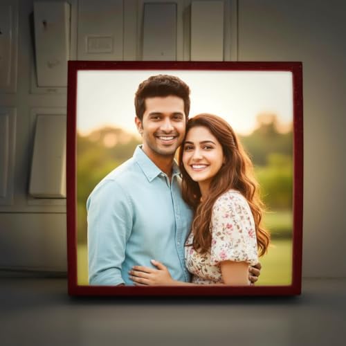 Image of EVOTECH Customized Night Lamp | Custom LED Lamp with Photo & Name Print | 4 x 4 Inch | Plug-in AC Power | Personalized Gift for Birthday, Anniversary, Couple & Home Decor, Dim Light (Red Square)