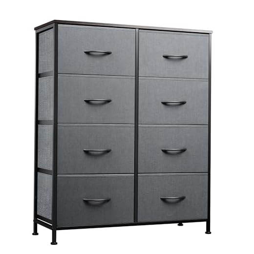 WLIVE Fabric Dresser for Bedroom, Tall Dresser with 8 Drawers, Storage Tower with Fabric Bins, Double Dresser, Chest of Drawers for Closet, Living Room, Hallway, Dormitory, Dark Grey