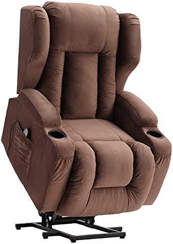 URRED Recliner Chair,Velvet Fabric Power Lift Recliner with Heat & Massage,Ergonomic Lounge Chair Classic Single Lazy Boy Sofa with 2 Cup Holders,Lumbar Pillow,Side Pockets,USB Ports(Brown)