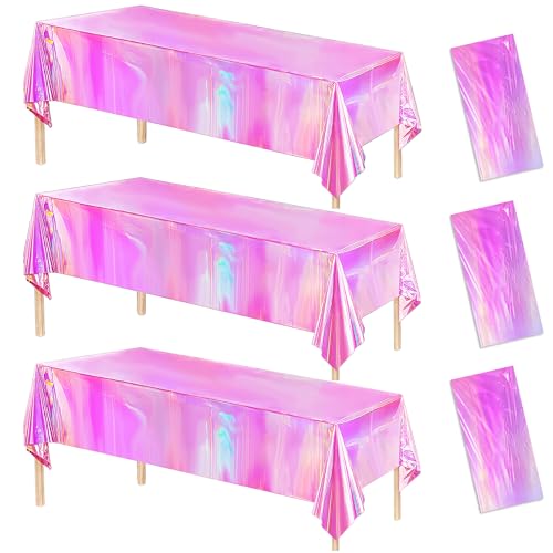 Srua Don Pink Iridescent Party Decorations Tablecloth, 3 Pack Disposable Shiny Hot Pink Holographic Table Cover Party Supplies, for Metallic Mermaid Theme Baby Shower Birthday Wedding, 55in x 86in