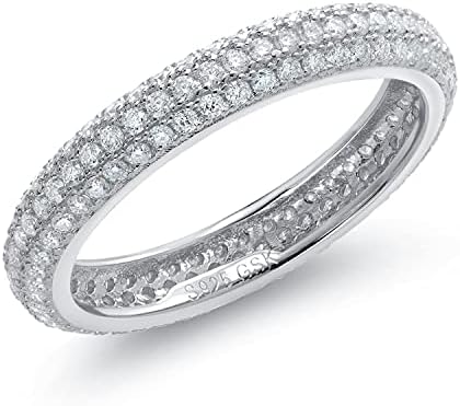 Gem Stone King 925 Sterling Silver Round White Moissanite 3 Rows Micro Pave Setting Eternity Wedding Band Ring For Women (1.08 Cttw, Available In Size 5, 6, 7, 8, 9)