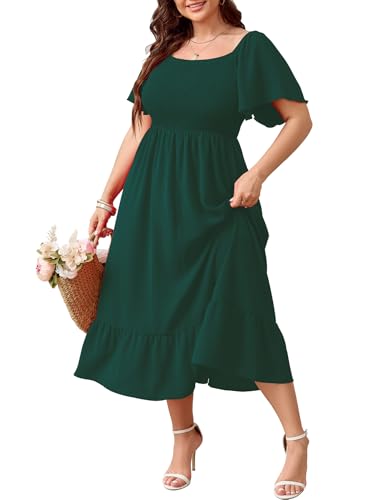 Image of SCOMCHIC Women's Plus Size Summer Dress Casual Short Sleeve Scoop Neck Maxi Dress Smocked Ruffle Boho Flowy Long Dresses