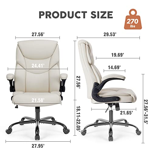 Sweetcrispy Ergonomic Office Chair, PU Leather, Flip-up Arms and Adjustable Height, Big and Tall Executive Desk Chair with Wheels for Home Office, White image 1
