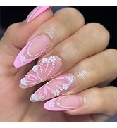 Pink French Tip Press on Nails Medium Almond Fake Nails Pink Butterfly False Nails with 3D Flower...