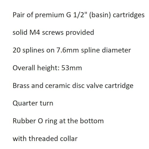 Huashan Replacement Brass Ceramic Disc Stem Cartridge Faucet Valve Quarter Turn 1/2" X 53mm x 12mm spline length 20 teeth(PAIR Hot & Cold)