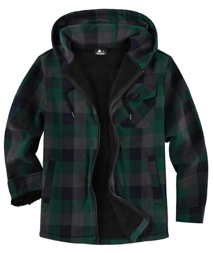 Image of V VALANCH Men's Sherpa Lined Flannel Jacket with Hood - Zip Up Plaid Shirt Jacket Winter Outdoor Warm Outerwear Fleece Coat