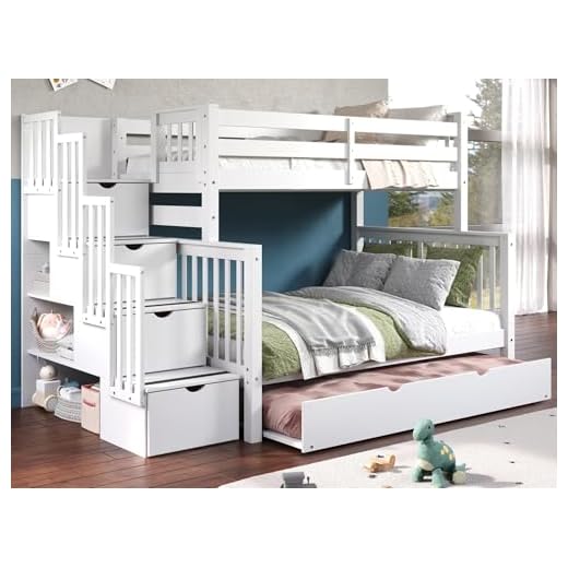 Bedz King Stairway Bunk Beds Twin over Full with 4 Drawers in the Steps and a Twin Trundle, White