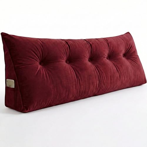 Image of Luxury Velvet Tufted Wedge Pillow with Side Pocket - Soft Headboard Back Support Cushion for Bed, Sofa & Floor Seating - Red Color