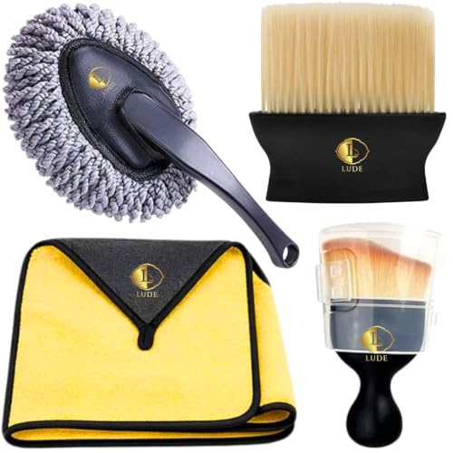 Image of LUDE 4 PCS Car Cleaning Kit with Microfiber Duster, Scratchfree Microfiber Cloth, Car Detailing Brush & AC Vent Cleaning Brush | Interior & Exterior Car Cleaning Accessories for Cars, SUVs & Bikes