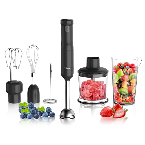 Rosewill 6-in-1 Multi-Speed Cordless Rechargeable Immersion Hand Blender, Heavy Duty Motor - Stick Blender, Beaker, Whisk, Chopper, Dual Beater, Milk Frother - For Smoothies, Baby Food, Soup - Black