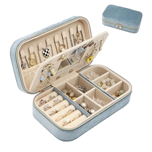 Boxudeli Travel Jewellery Box Small Jewellery Organiser Velvet Jewellery Storage for Earrings Rings Necklaces Bracelets Portable Jewellery Case for Women Girls (misty blue)