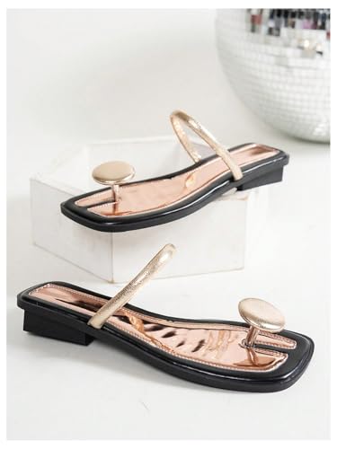 GORGLITTER Women's Metal Ring Strappy Flat Sandals Dressy Square Open Toe Leather Summer Vacation Slides2